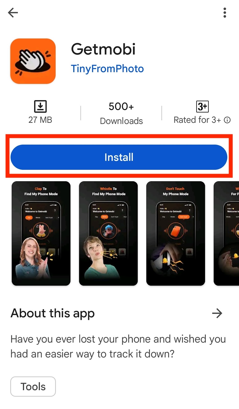 Getmobi's installation page in Play Store